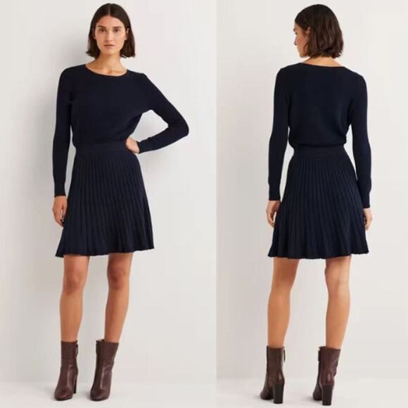 Boden Pleated Knitted Mini Dress Crew Neck Blouson Long Sleeve Navy Blue Midi - Picture 1 of 12